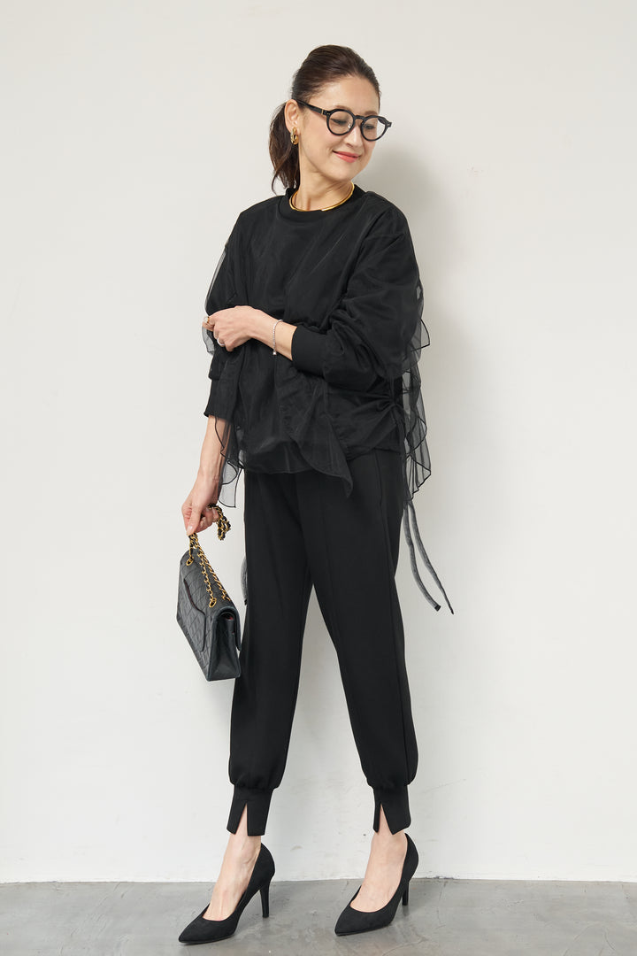 [SET]チュールレイヤード裏毛プルオーバー+ライトダンボールジョガーパンツ(2set)