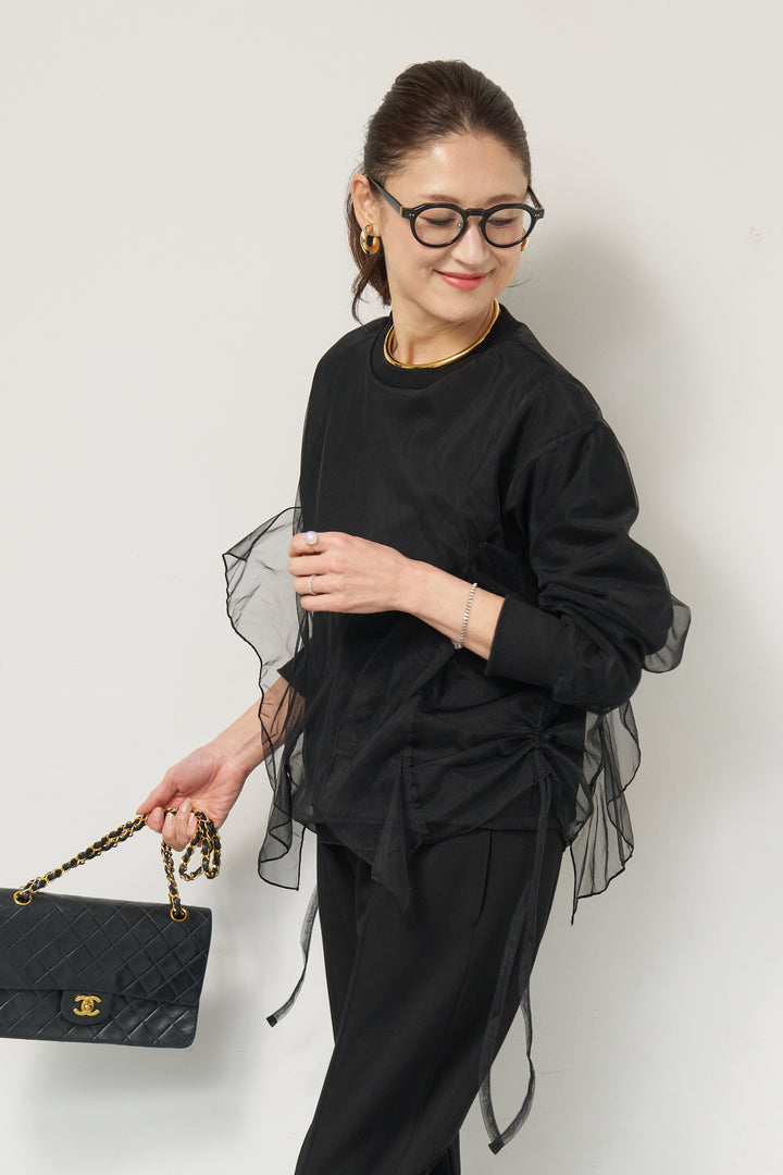 [SET]チュールレイヤード裏毛プルオーバー+ライトダンボールジョガーパンツ(2set)