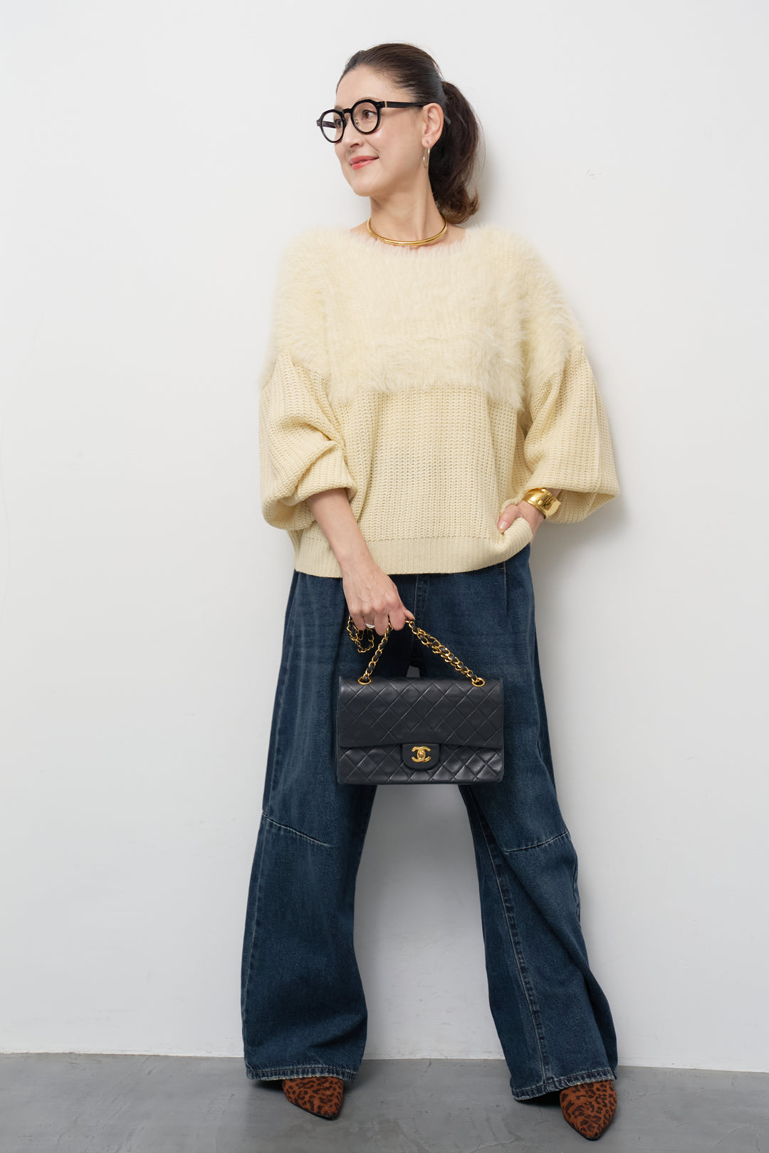 ボリュームスリーブ切替シャギーニット