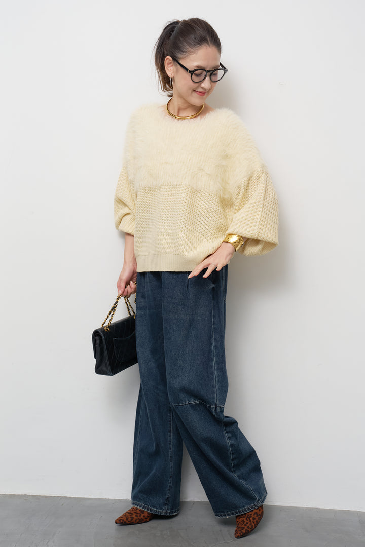 [SET]ボリュームスリーブ切替シャギーニット+カーブデニムパンツ(2set)