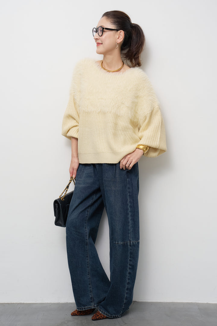 [SET]ボリュームスリーブ切替シャギーニット+カーブデニムパンツ(2set)