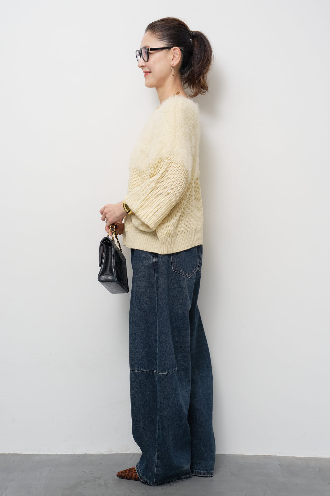 [SET]ボリュームスリーブ切替シャギーニット+カーブデニムパンツ(2set)