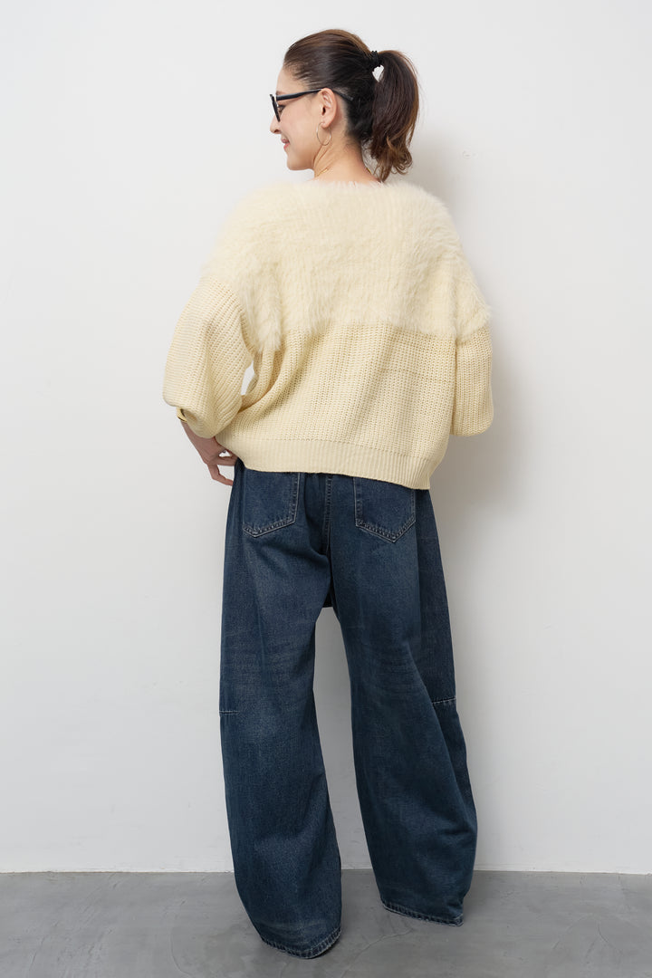 [SET]ボリュームスリーブ切替シャギーニット+カーブデニムパンツ(2set)