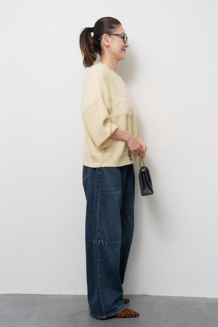 [SET]ボリュームスリーブ切替シャギーニット+カーブデニムパンツ(2set)
