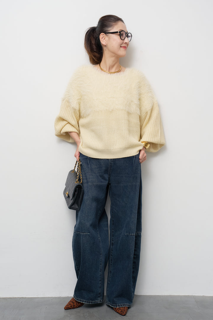 [SET]ボリュームスリーブ切替シャギーニット+カーブデニムパンツ(2set)