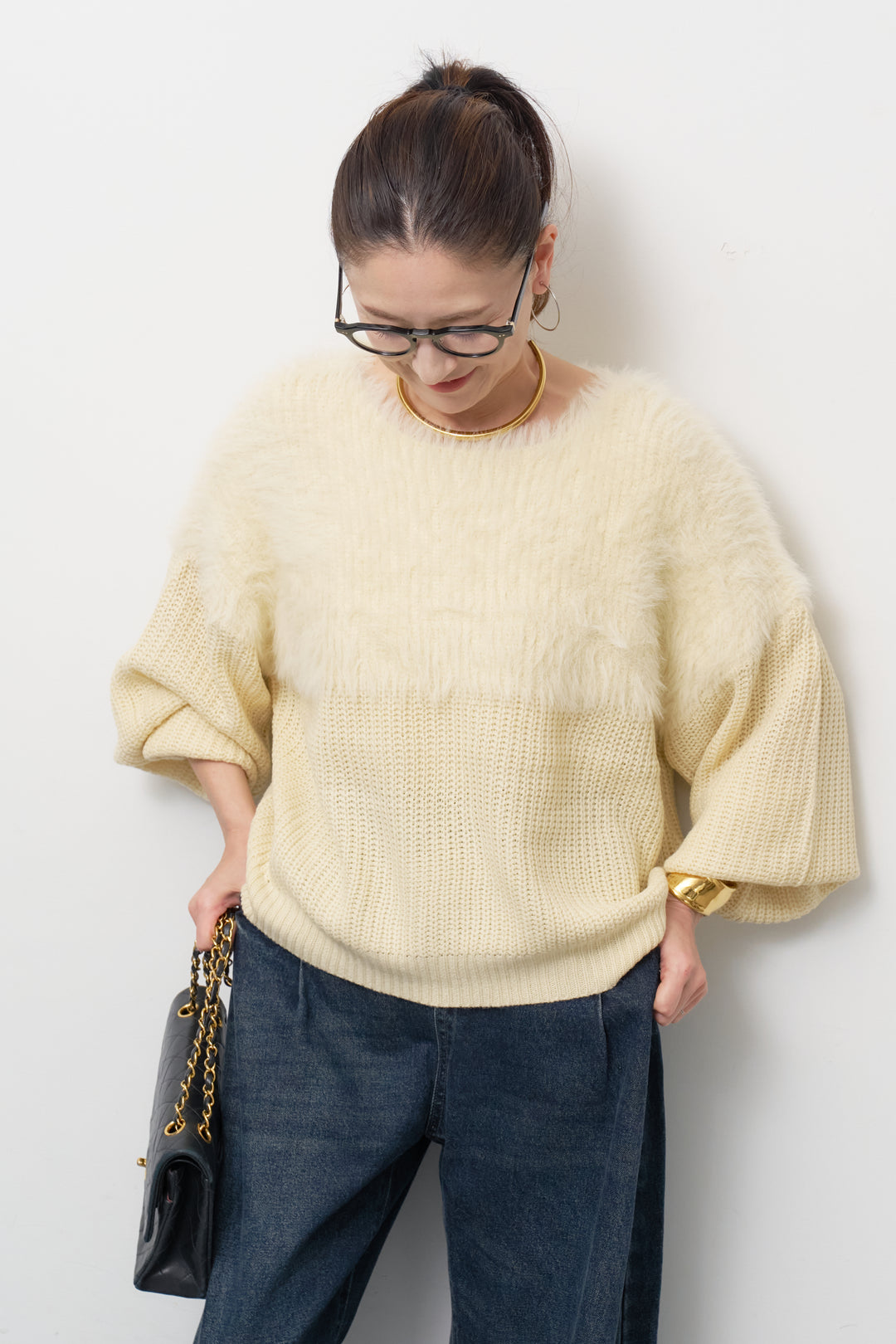 [SET]ボリュームスリーブ切替シャギーニット+カーブデニムパンツ(2set)