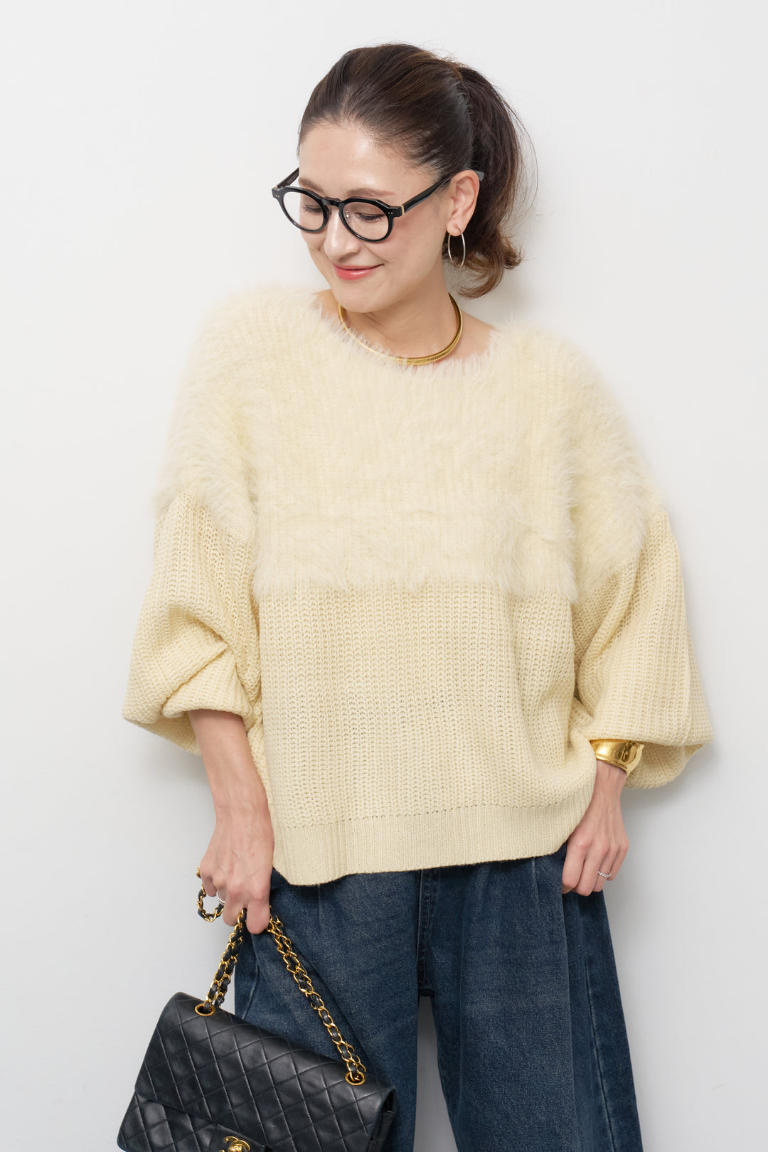 [SET]ボリュームスリーブ切替シャギーニット+カーブデニムパンツ(2set)