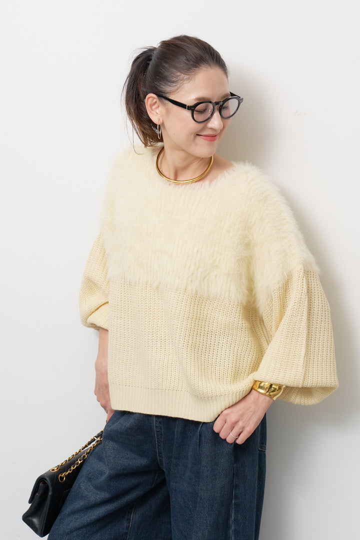 [SET]ボリュームスリーブ切替シャギーニット+カーブデニムパンツ(2set)