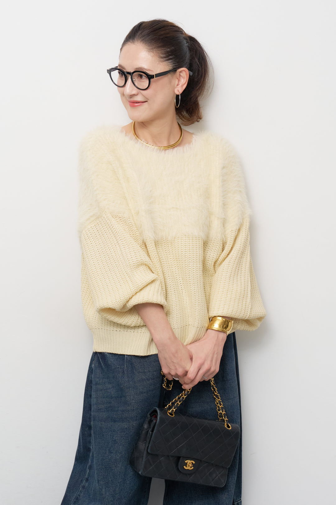 ボリュームスリーブ切替シャギーニット