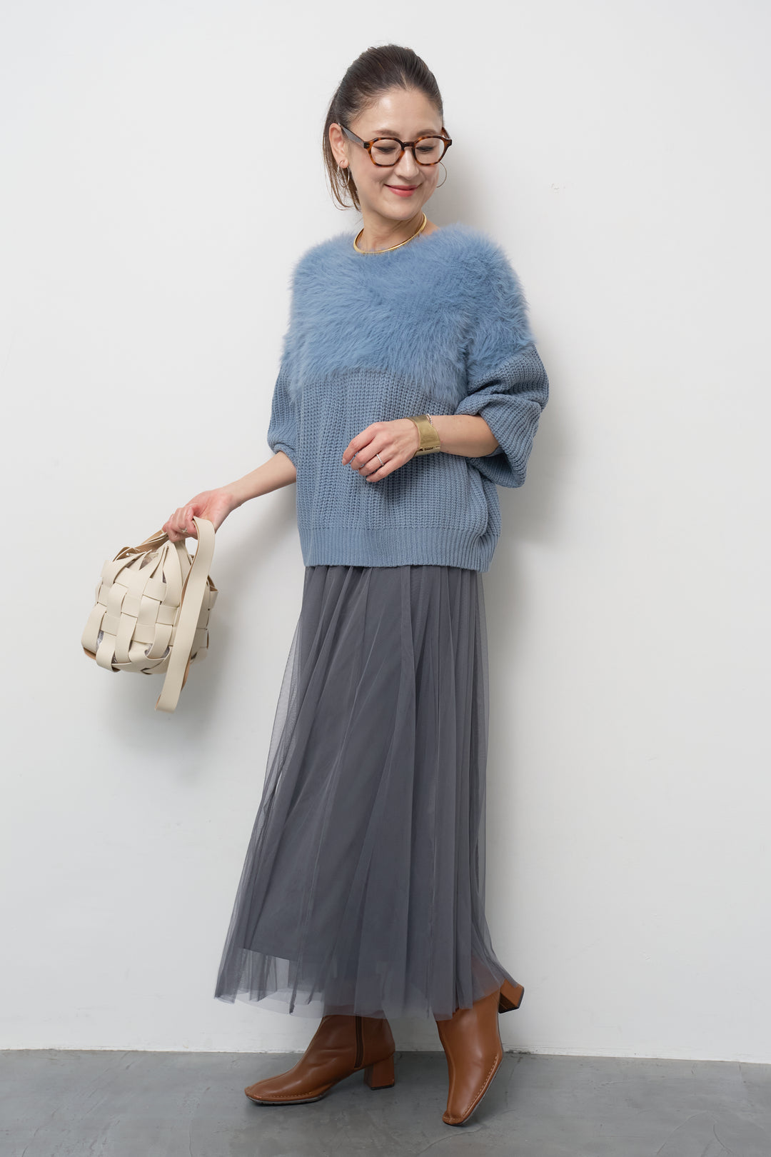 [SET]ボリュームスリーブ切替シャギーニット+チュールギャザースカート(2set)