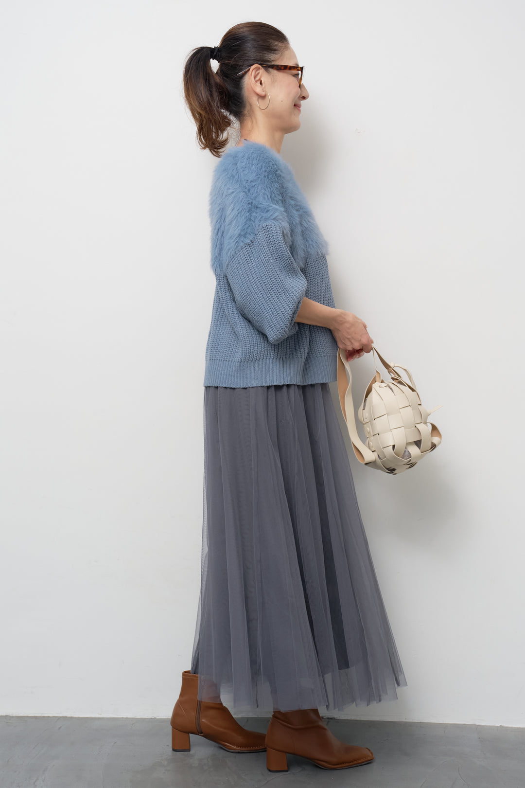 [SET]ボリュームスリーブ切替シャギーニット+チュールギャザースカート(2set)