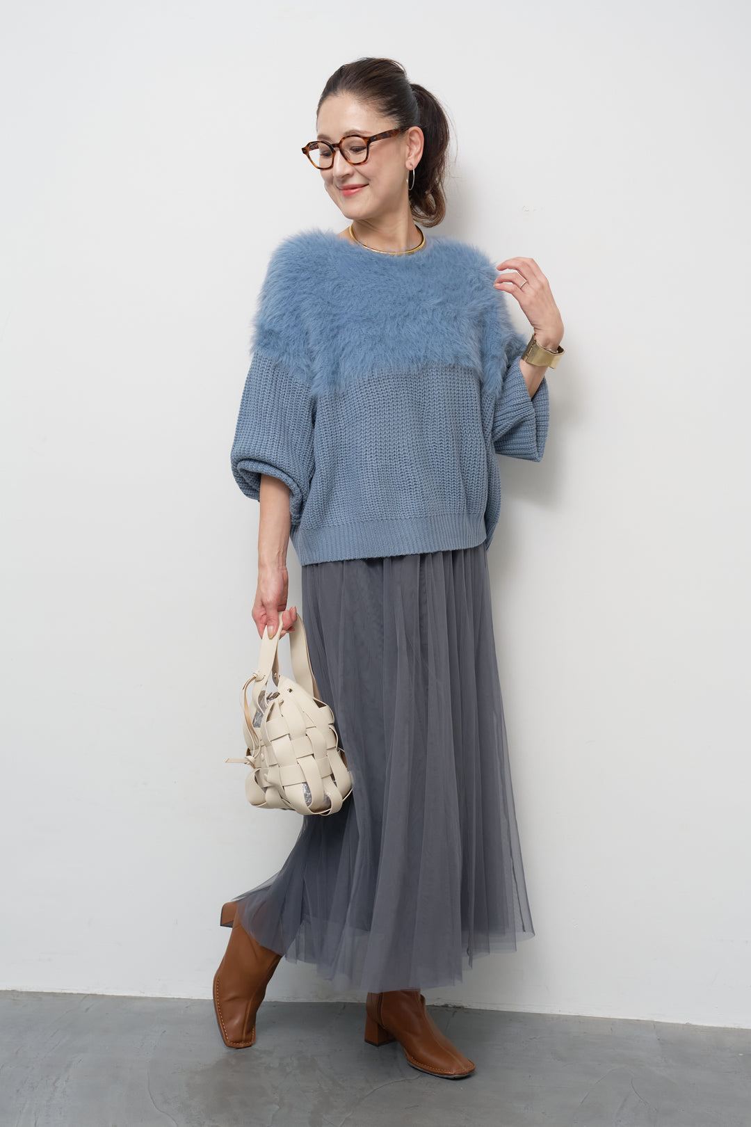 [SET]ボリュームスリーブ切替シャギーニット+チュールギャザースカート(2set)