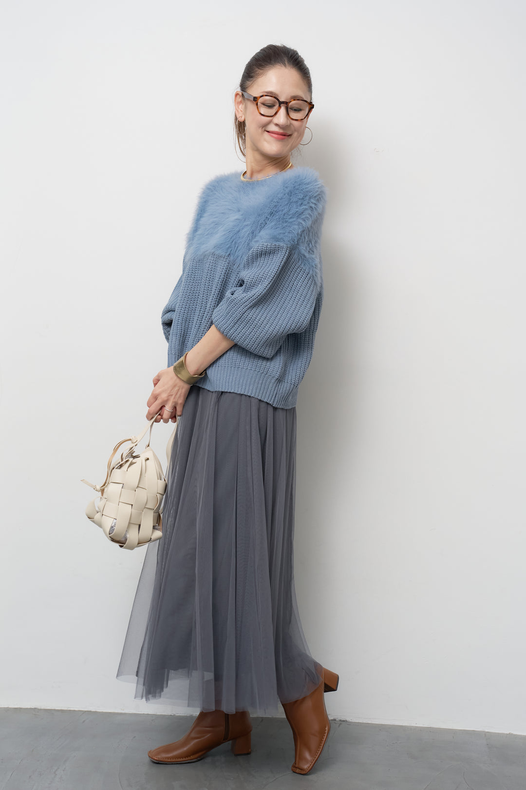 [SET]ボリュームスリーブ切替シャギーニット+チュールギャザースカート(2set)