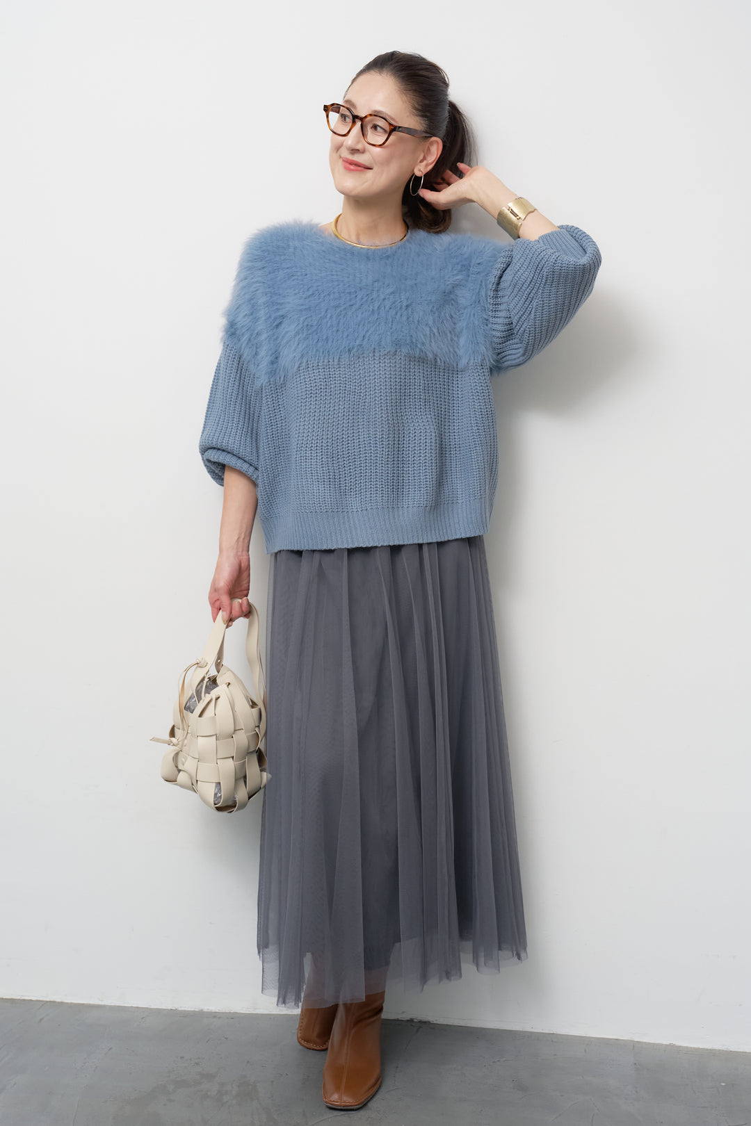 ボリュームスリーブ切替シャギーニット