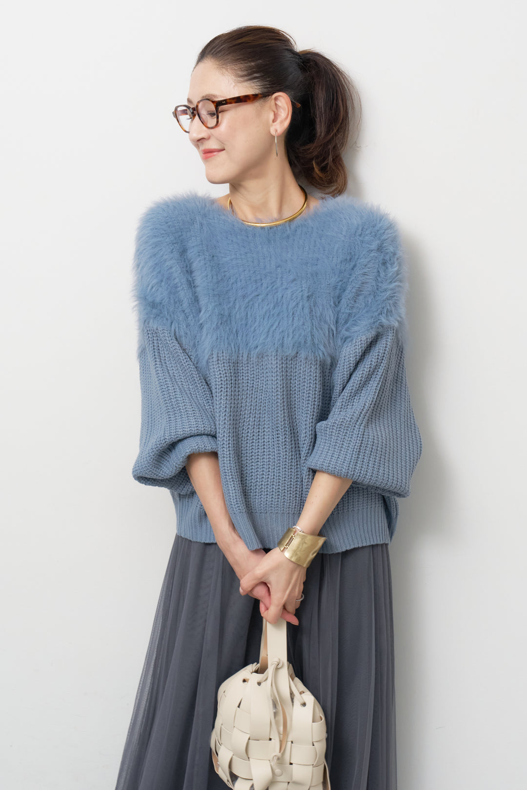 [SET]ボリュームスリーブ切替シャギーニット+チュールギャザースカート(2set)