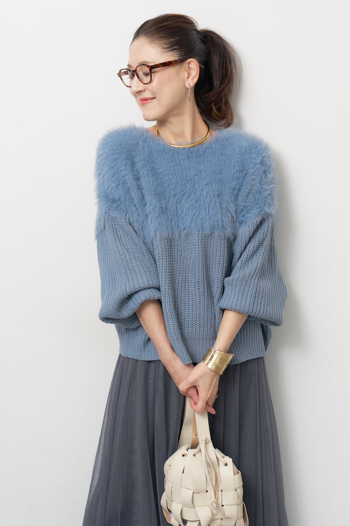 ボリュームスリーブ切替シャギーニット