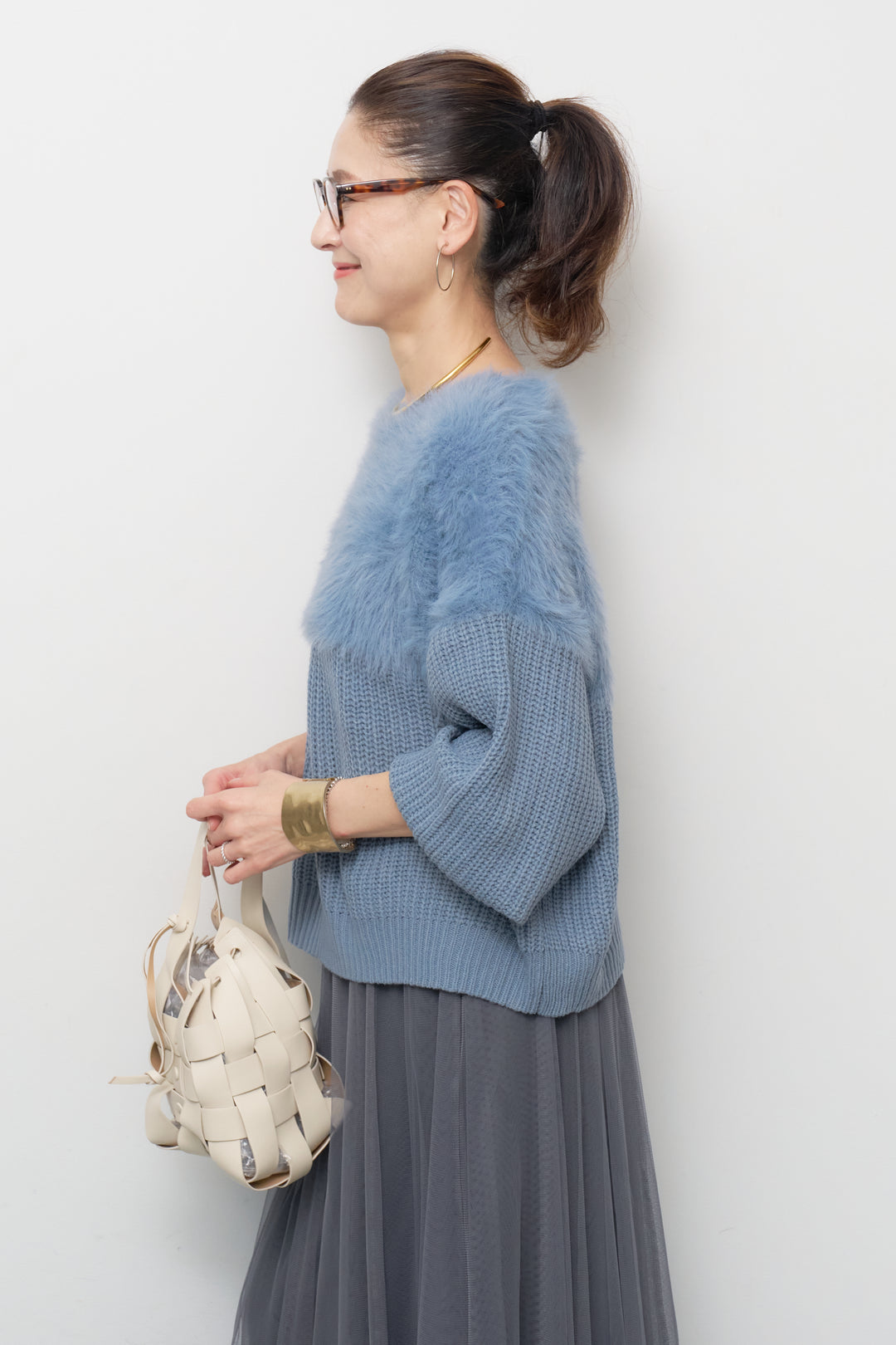 ボリュームスリーブ切替シャギーニット