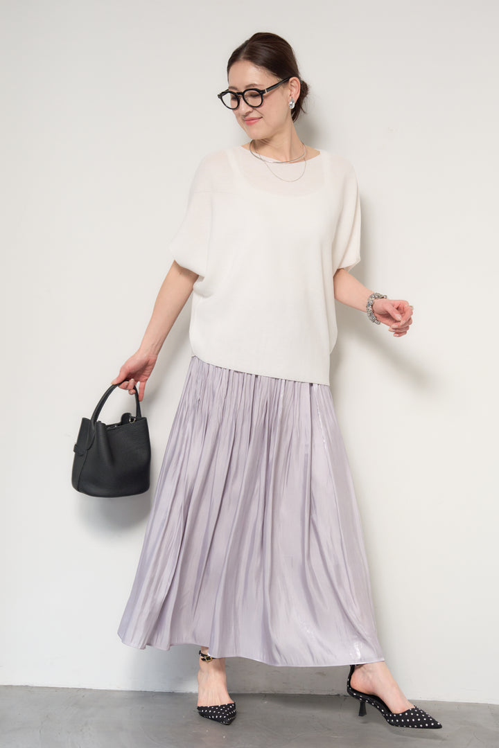 [SET]ホールガーメントフレンチスリーブニット+シャイニーギャザースカート(2set)