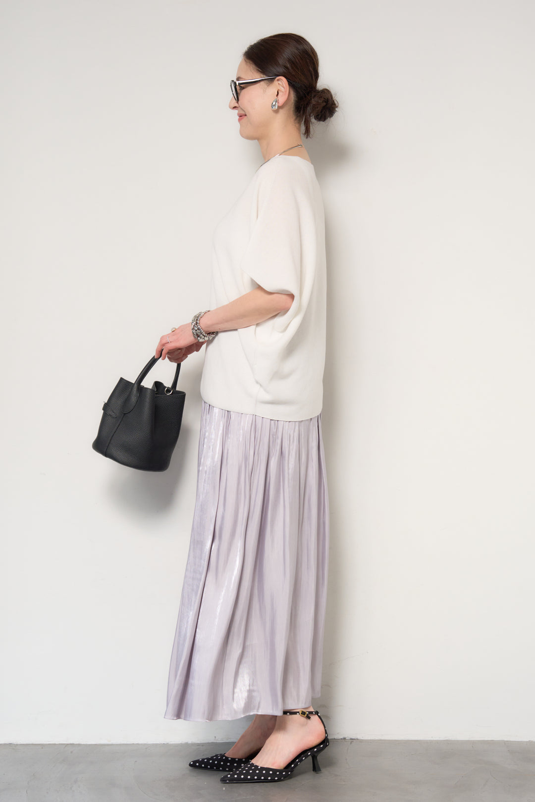 [SET]ホールガーメントフレンチスリーブニット+シャイニーギャザースカート(2set)