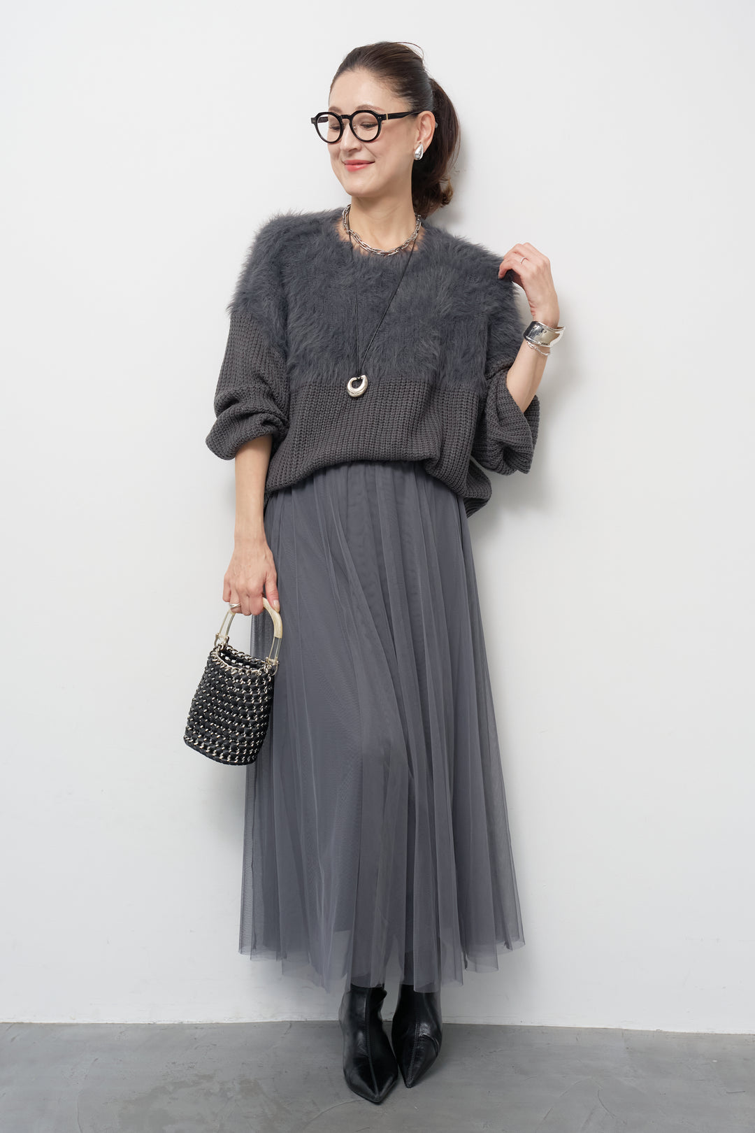 [SET]ボリュームスリーブ切替シャギーニット+チュールギャザースカート(2set)