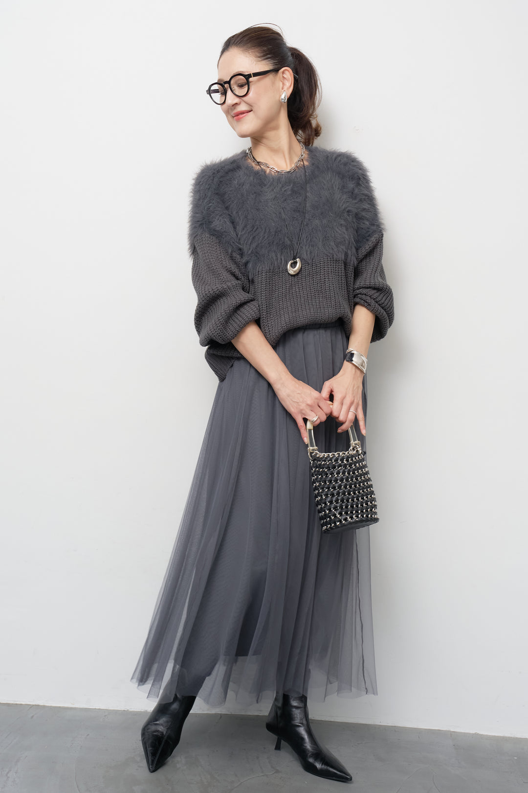 [SET]ボリュームスリーブ切替シャギーニット+チュールギャザースカート(2set)