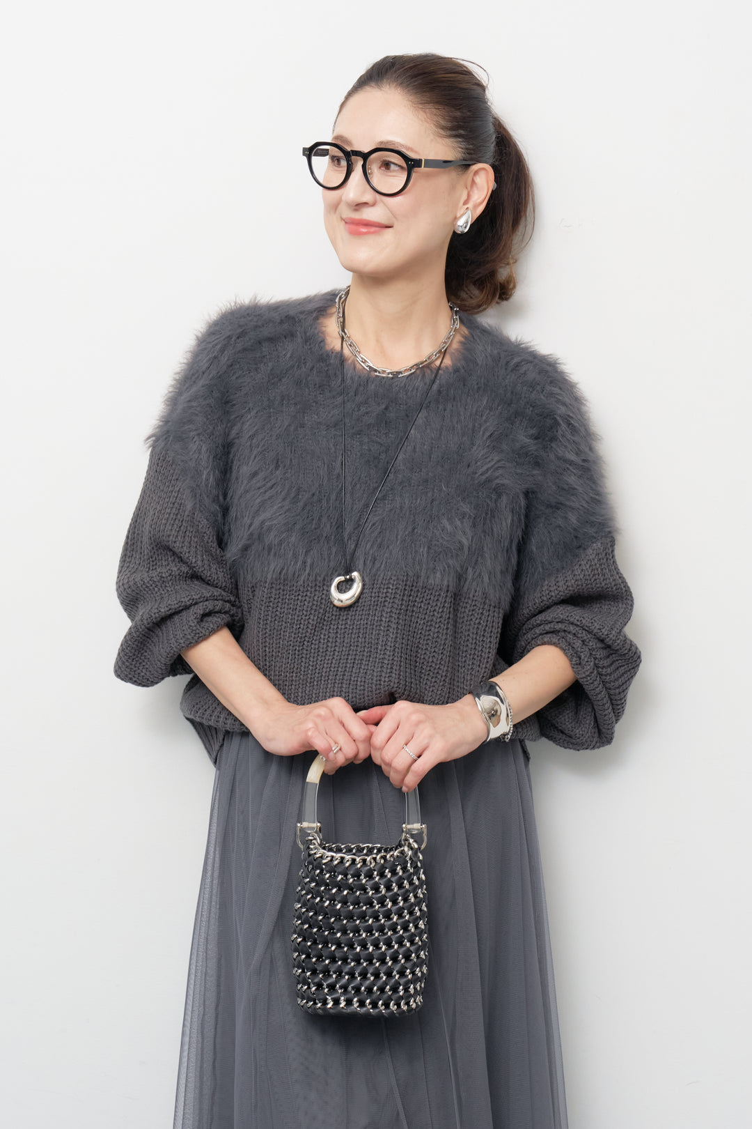 ボリュームスリーブ切替シャギーニット