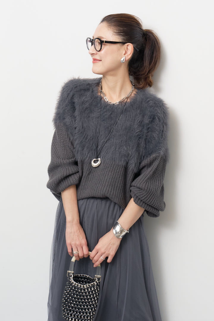 ボリュームスリーブ切替シャギーニット