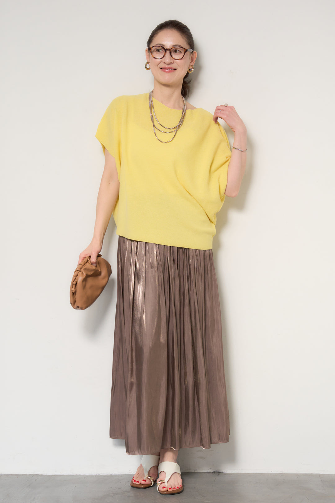 [SET]ホールガーメントフレンチスリーブニット+シャイニーギャザースカート(2set)