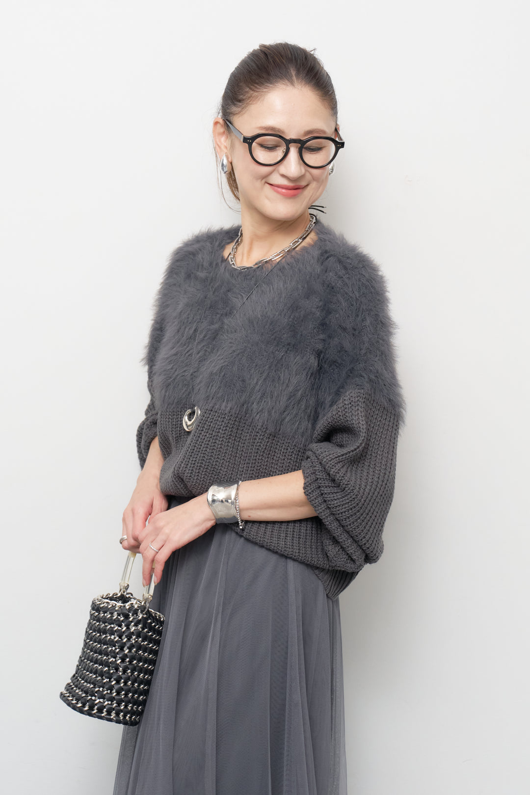 ボリュームスリーブ切替シャギーニット