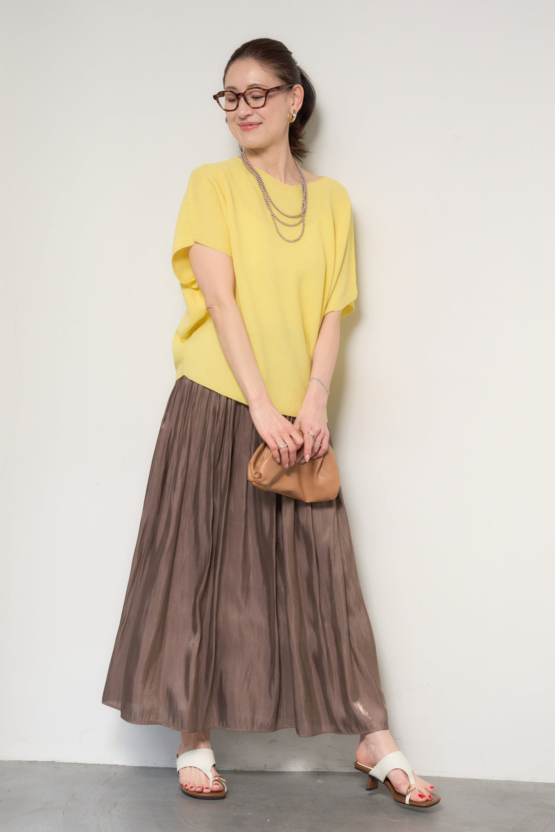 [SET]ホールガーメントフレンチスリーブニット+シャイニーギャザースカート(2set)