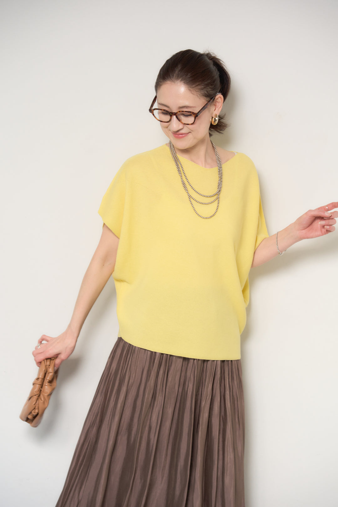 [SET]ホールガーメントフレンチスリーブニット+シャイニーギャザースカート(2set)