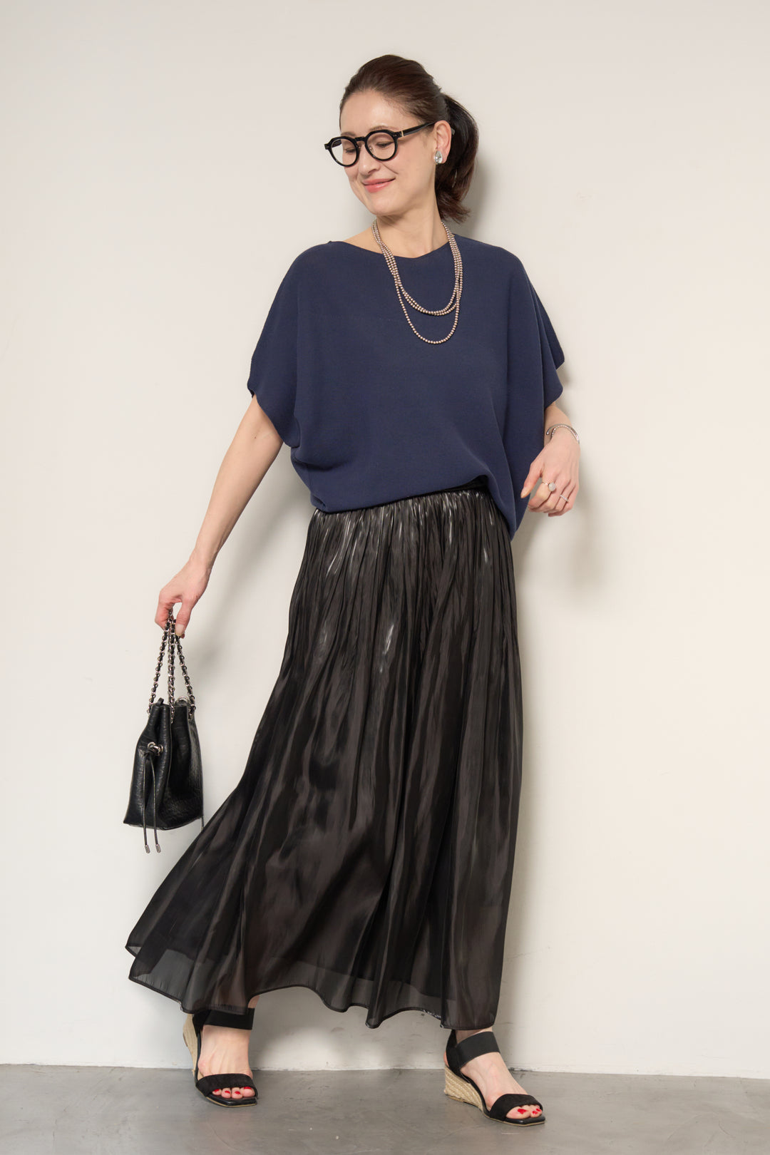 [SET]ホールガーメントフレンチスリーブニット+シャイニーギャザースカート(2set)