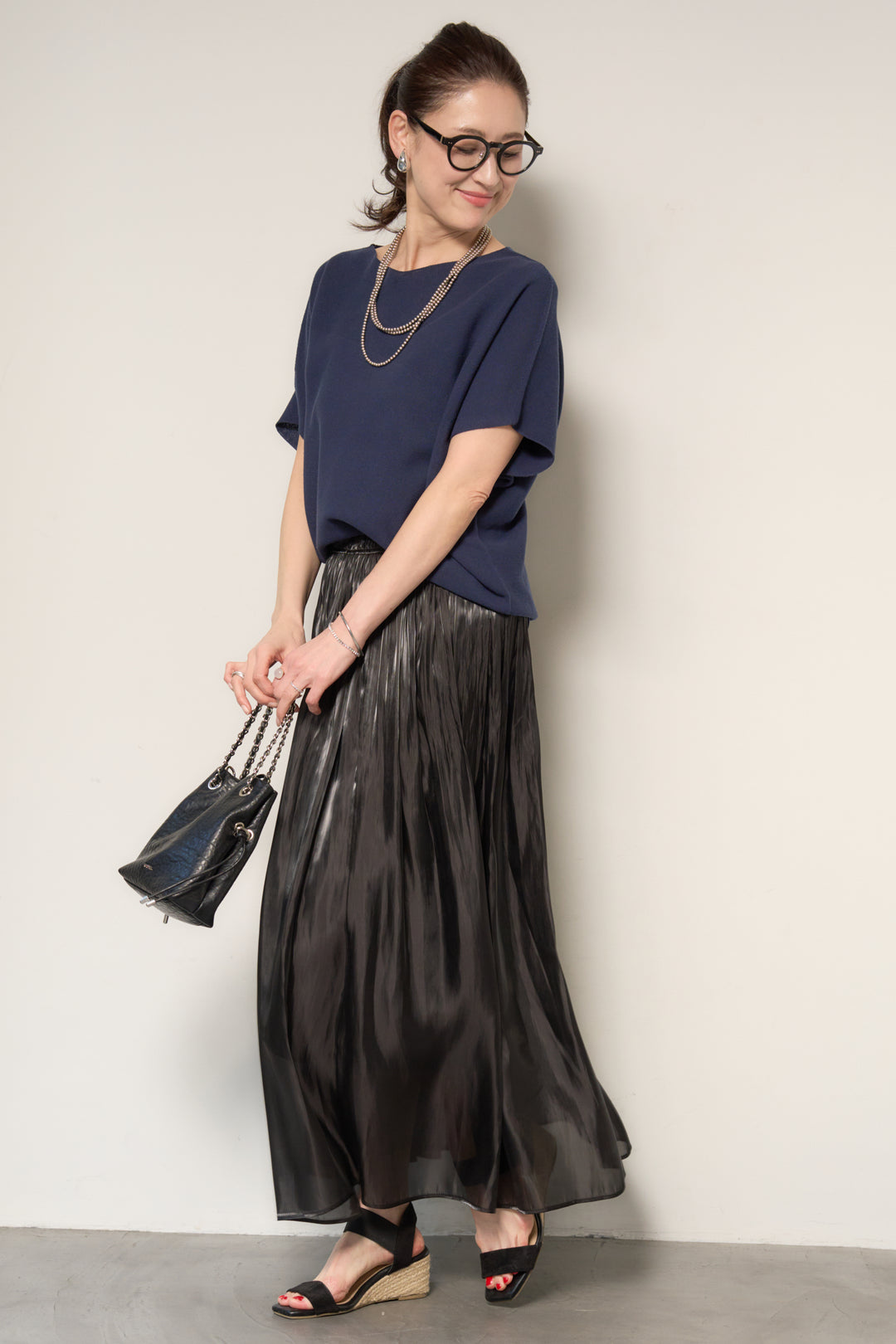 [SET]ホールガーメントフレンチスリーブニット+シャイニーギャザースカート(2set)