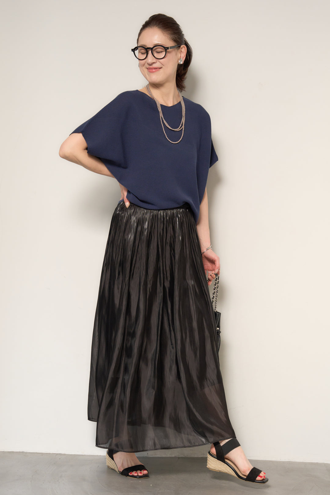 [SET]ホールガーメントフレンチスリーブニット+シャイニーギャザースカート(2set)