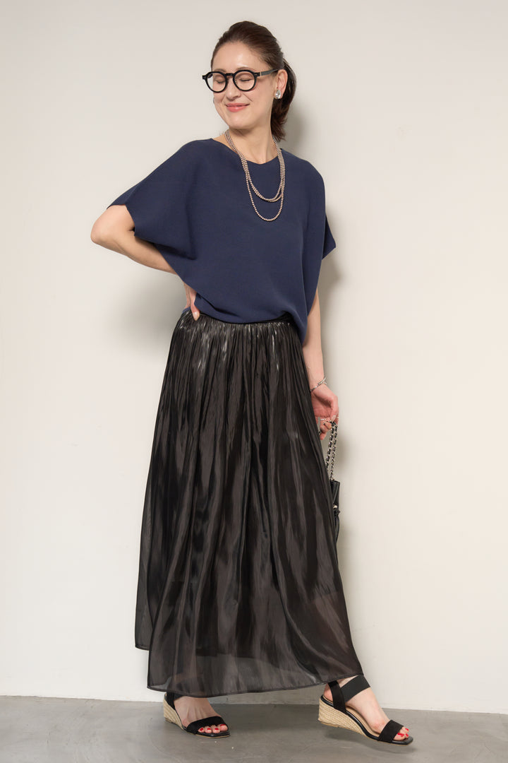 [SET]ホールガーメントフレンチスリーブニット+シャイニーギャザースカート(2set)