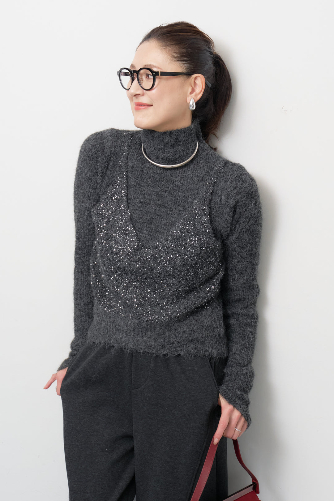 スパンコールビスチェドッキングニット