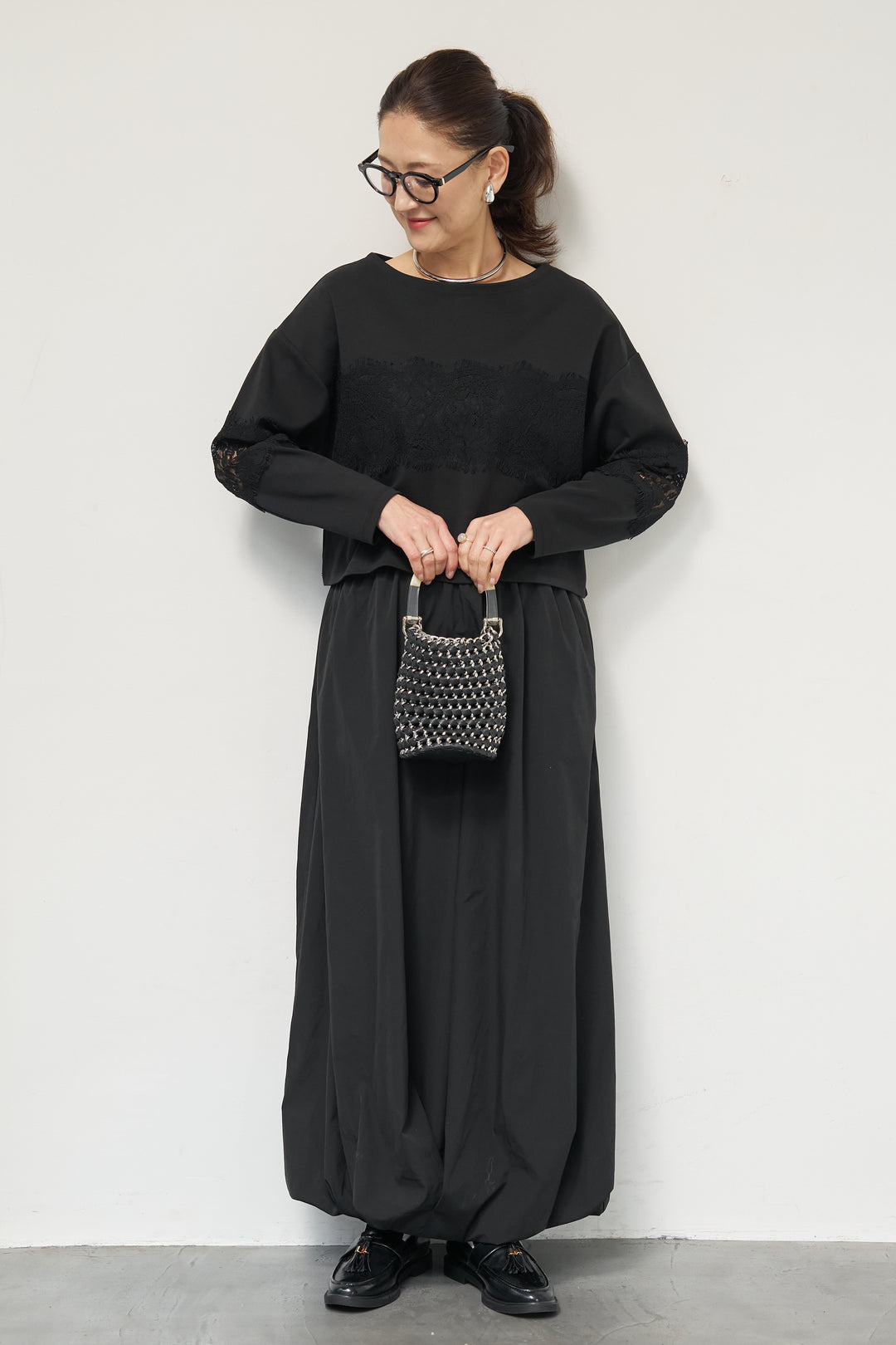 [SET]レーステープ切替トップス+ポリエステルブロード バルーンスカート(2set)