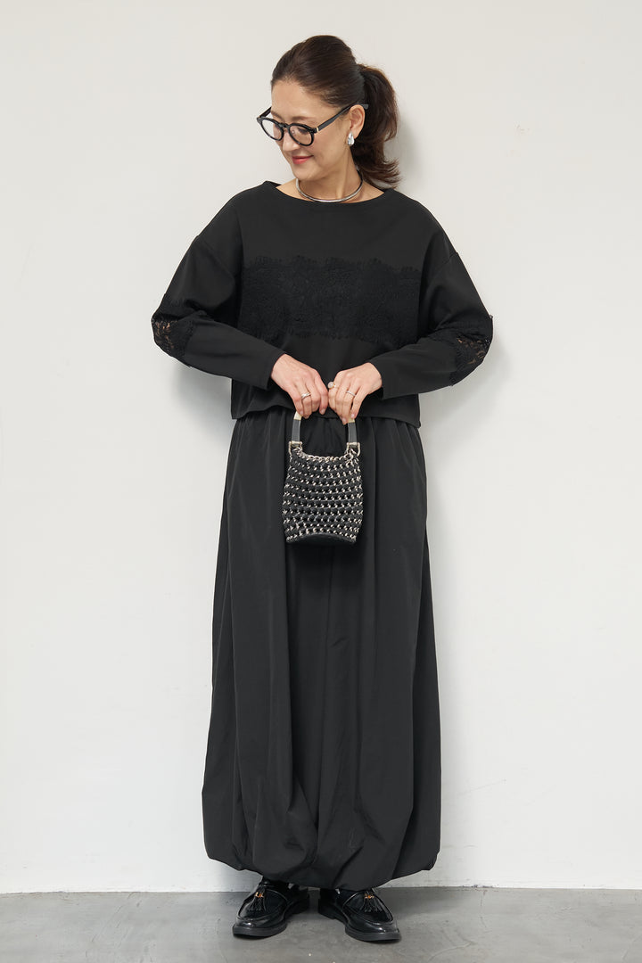 [SET]レーステープ切替トップス+ポリエステルブロード バルーンスカート(2set)