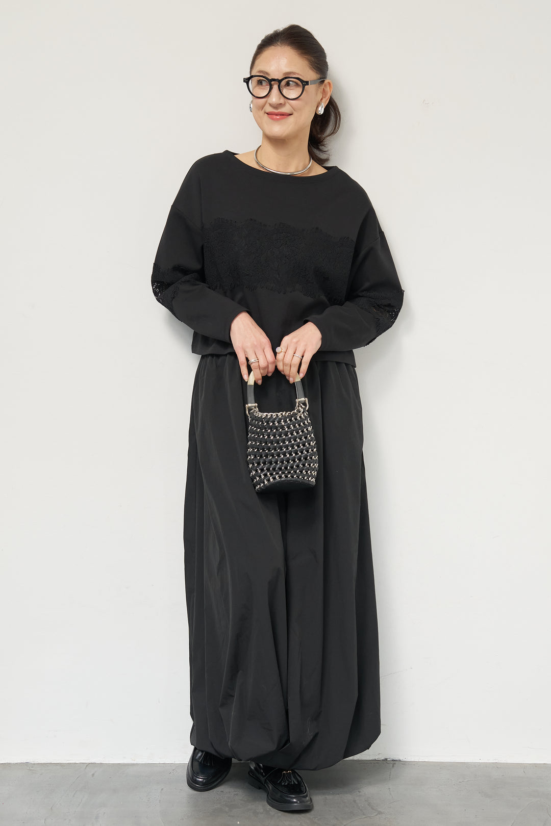 [SET]レーステープ切替トップス+ポリエステルブロード バルーンスカート(2set)