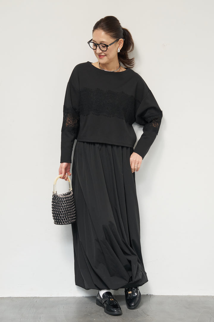 [SET]レーステープ切替トップス+ポリエステルブロード バルーンスカート(2set)