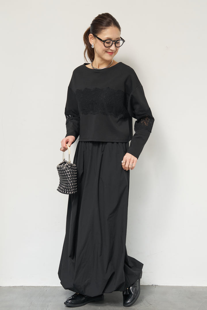 [SET]レーステープ切替トップス+ポリエステルブロード バルーンスカート(2set)