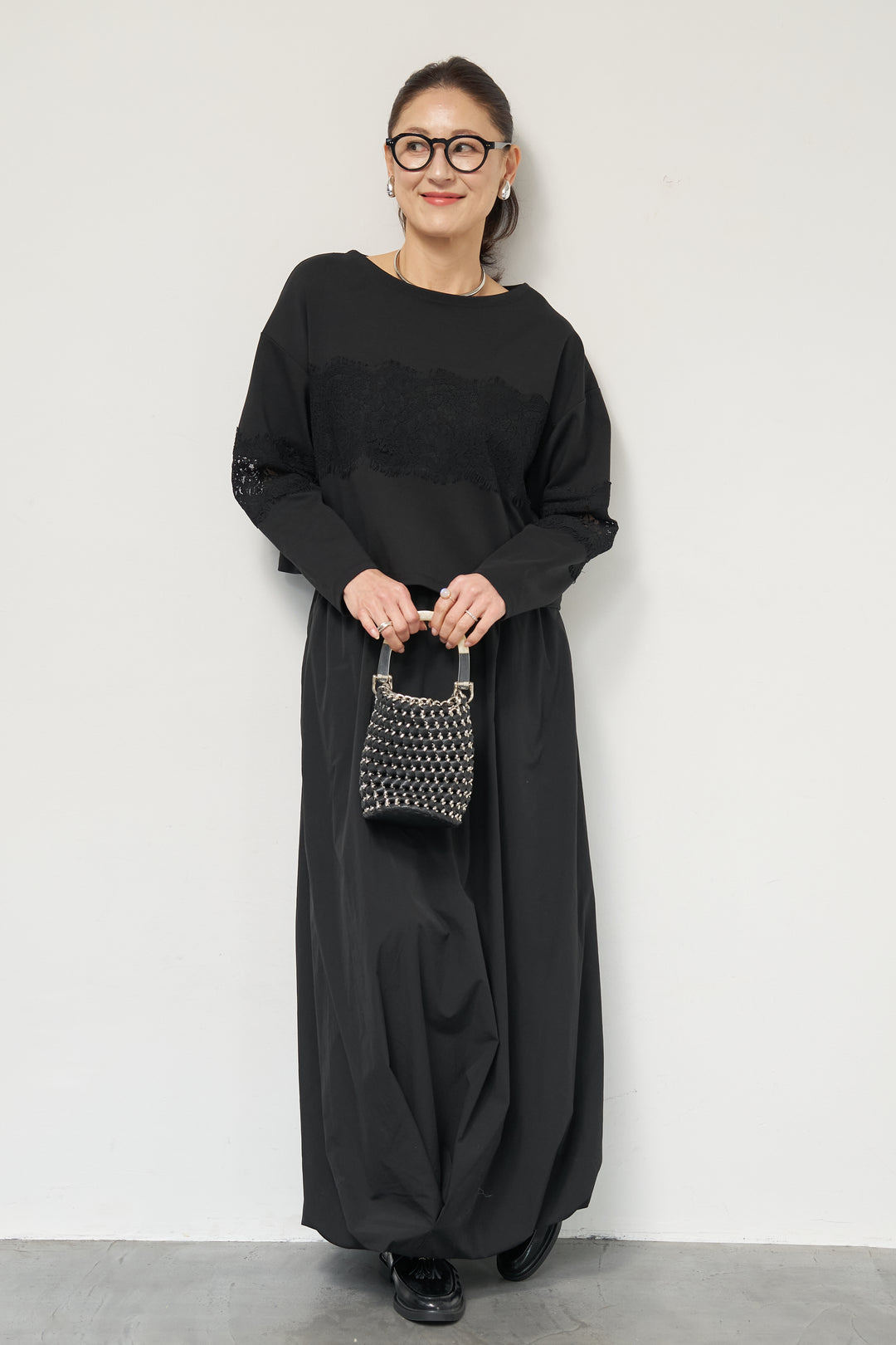 [SET]レーステープ切替トップス+ポリエステルブロード バルーンスカート(2set)