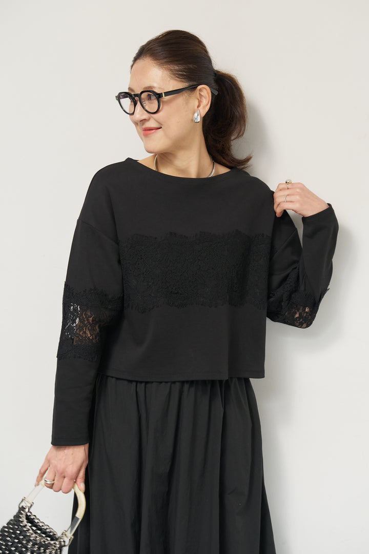 [SET]レーステープ切替トップス+ポリエステルブロード バルーンスカート(2set)