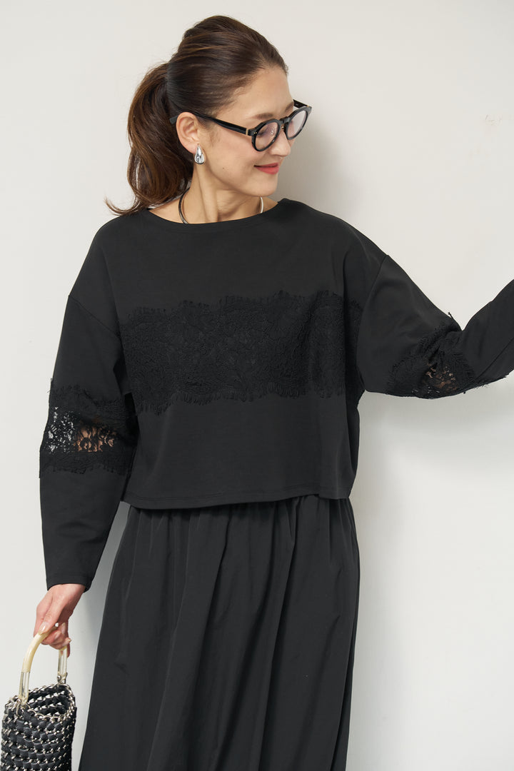 [SET]レーステープ切替トップス+ポリエステルブロード バルーンスカート(2set)