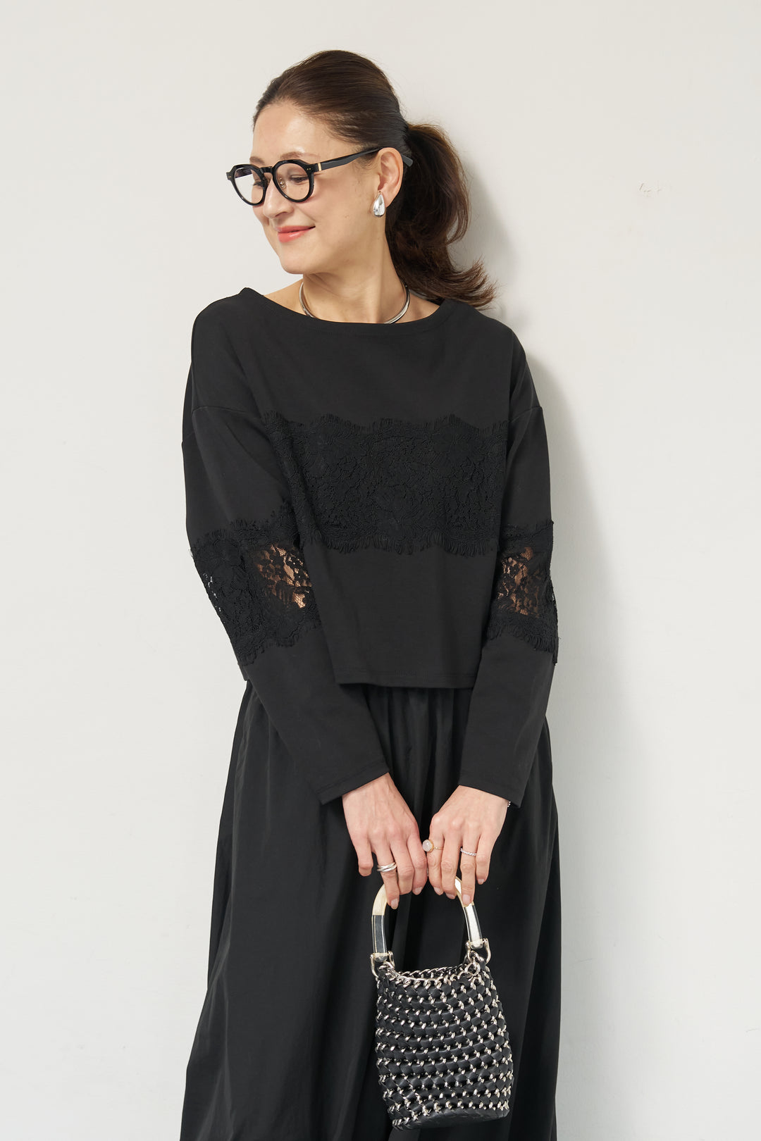 [SET]レーステープ切替トップス+ポリエステルブロード バルーンスカート(2set)