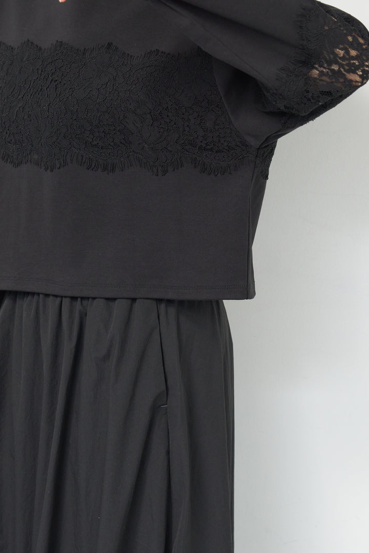 [SET]レーステープ切替トップス+ポリエステルブロード バルーンスカート(2set)