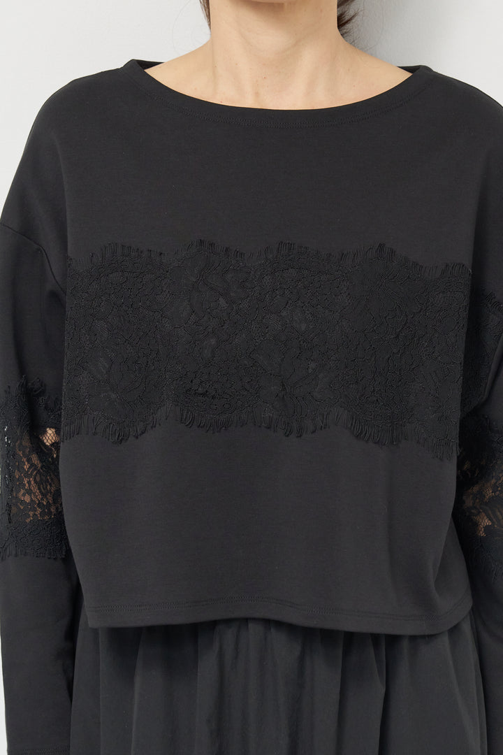 [SET]レーステープ切替トップス+ポリエステルブロード バルーンスカート(2set)