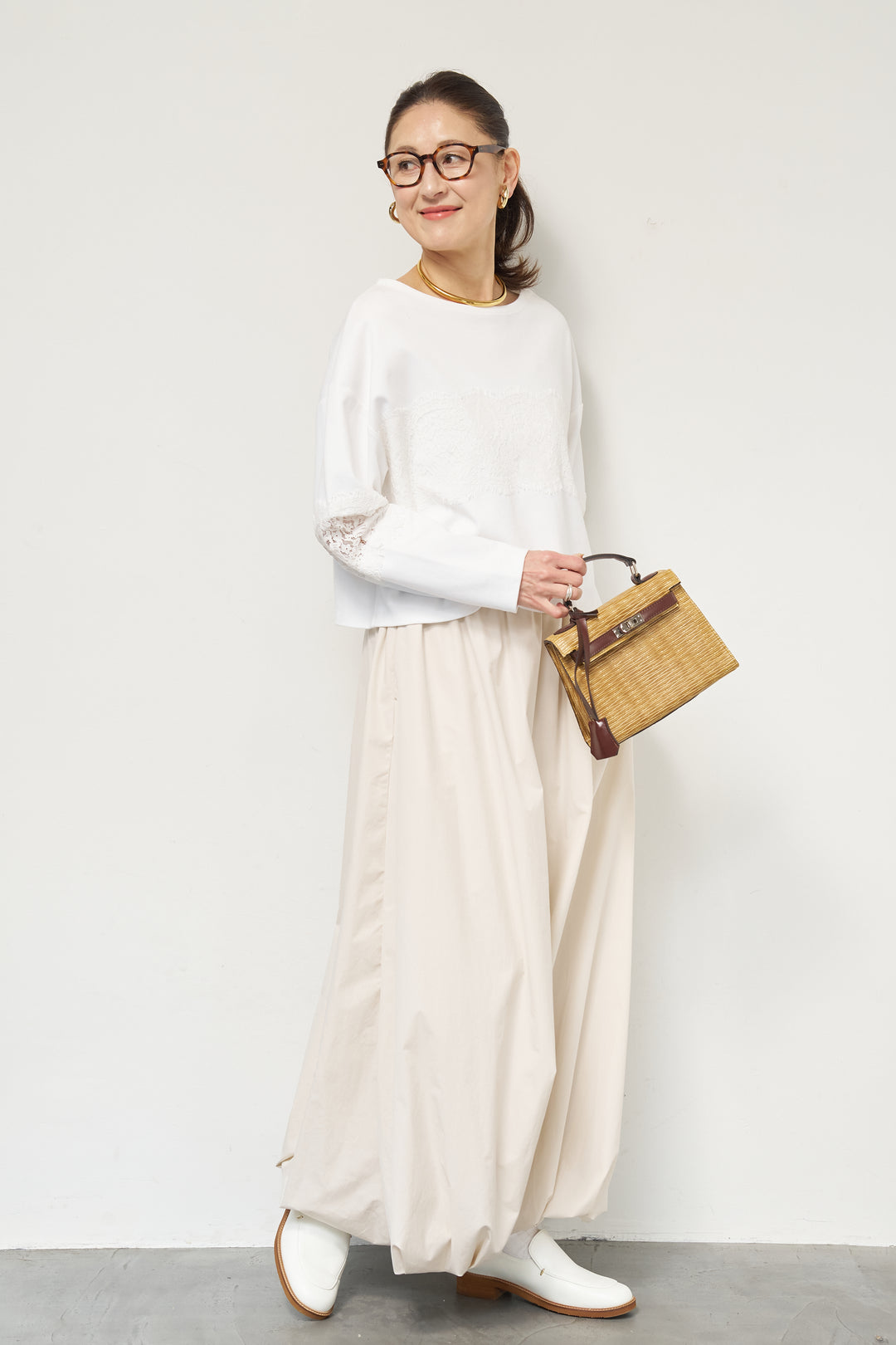 [SET]レーステープ切替トップス+ポリエステルブロード バルーンスカート(2set)