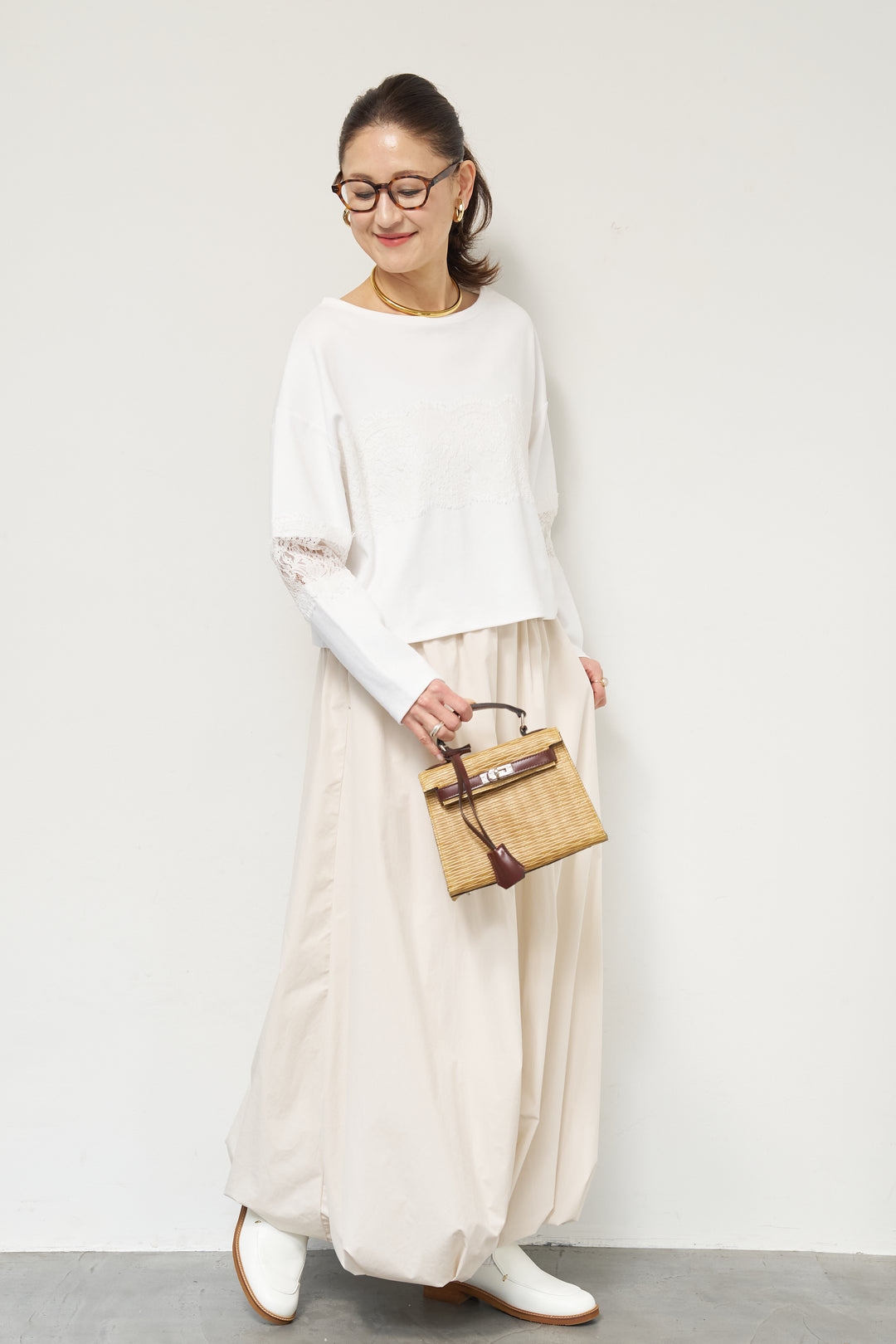 [SET]レーステープ切替トップス+ポリエステルブロード バルーンスカート(2set)