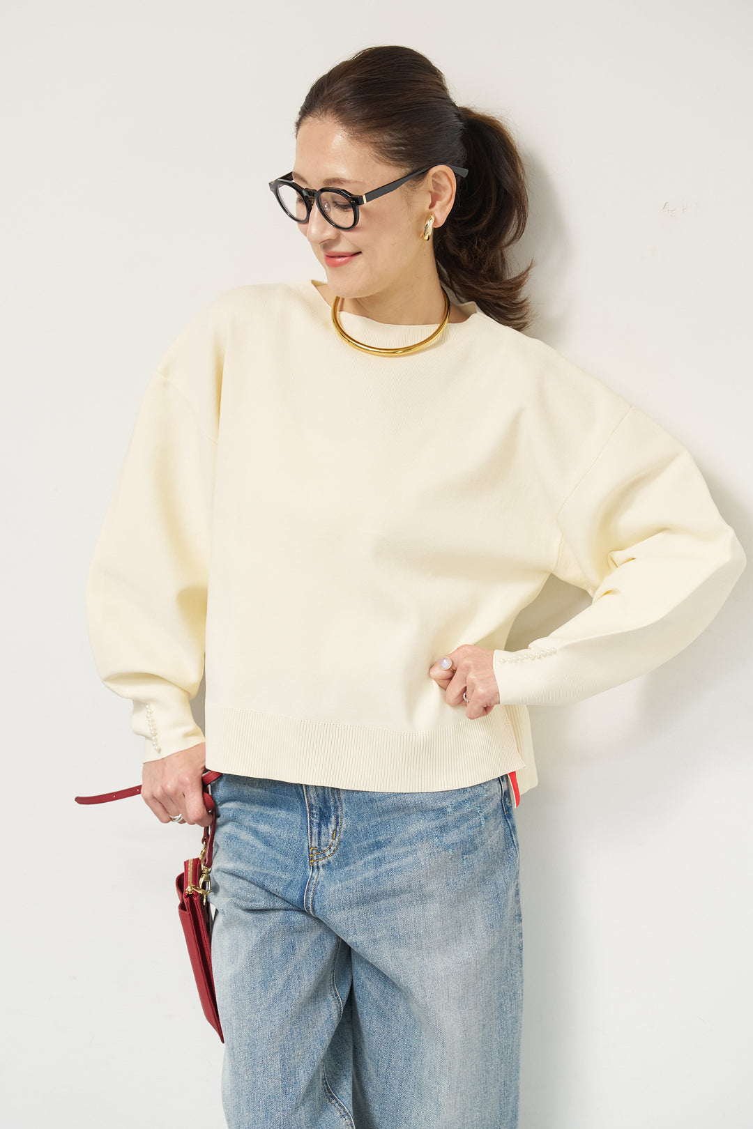 袖パールニット